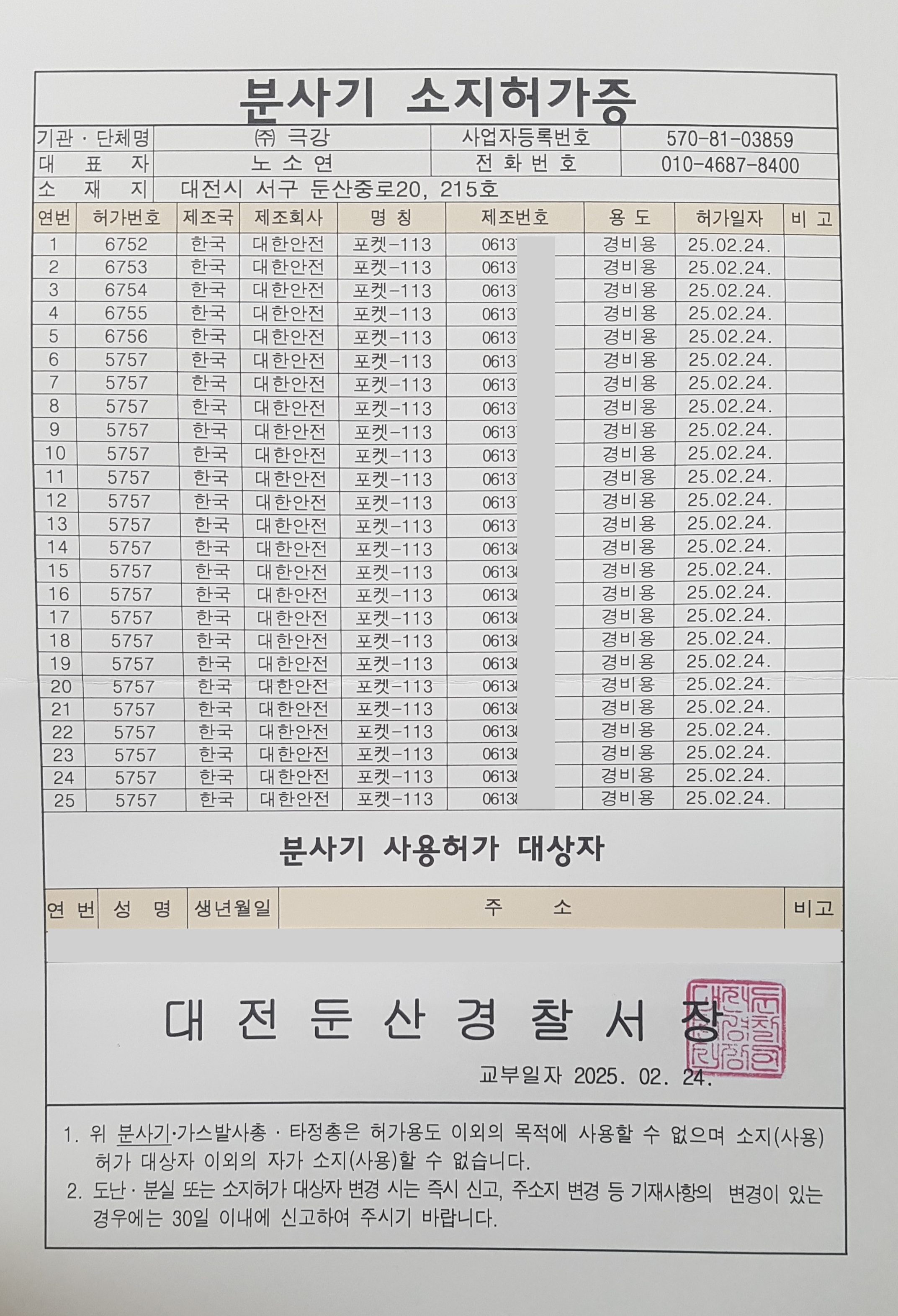총기형 분사기 소지허가증